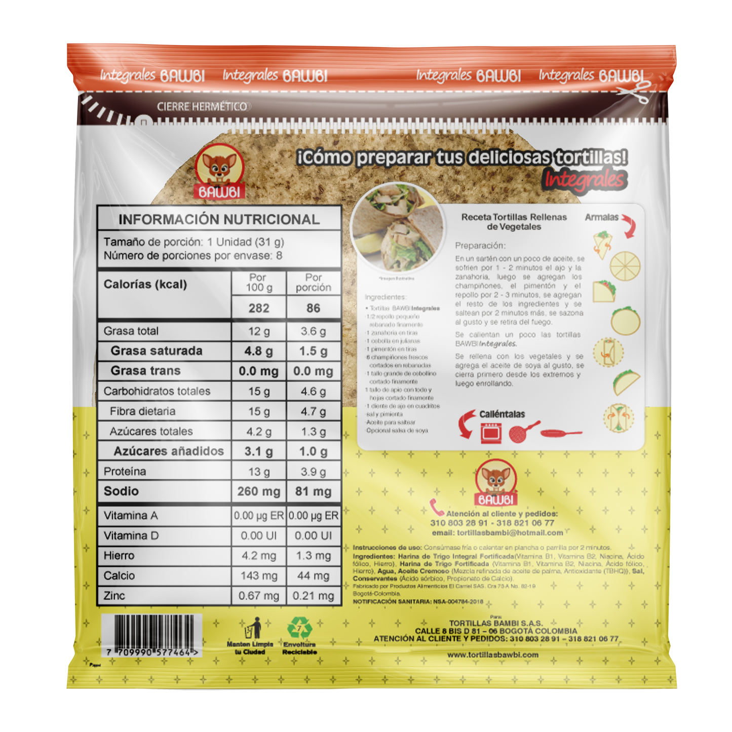 Tortillas Harina de Trigo Integral Bawbi® M 8 Und 250g